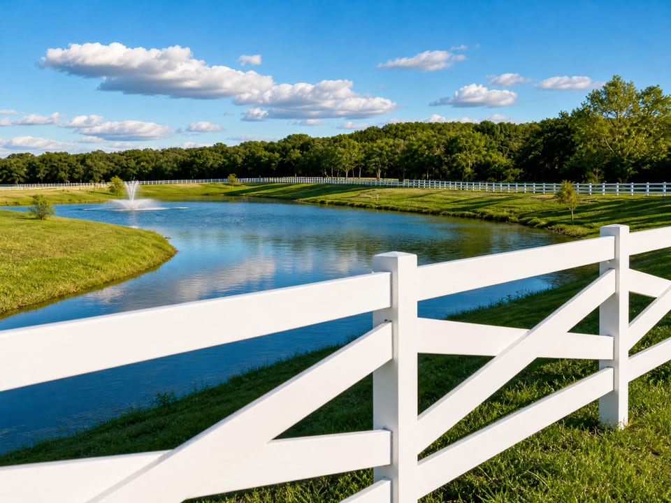 A white ranch fence running beside a fountain pond and rolling pasture on an Argyle, Texas estate property.