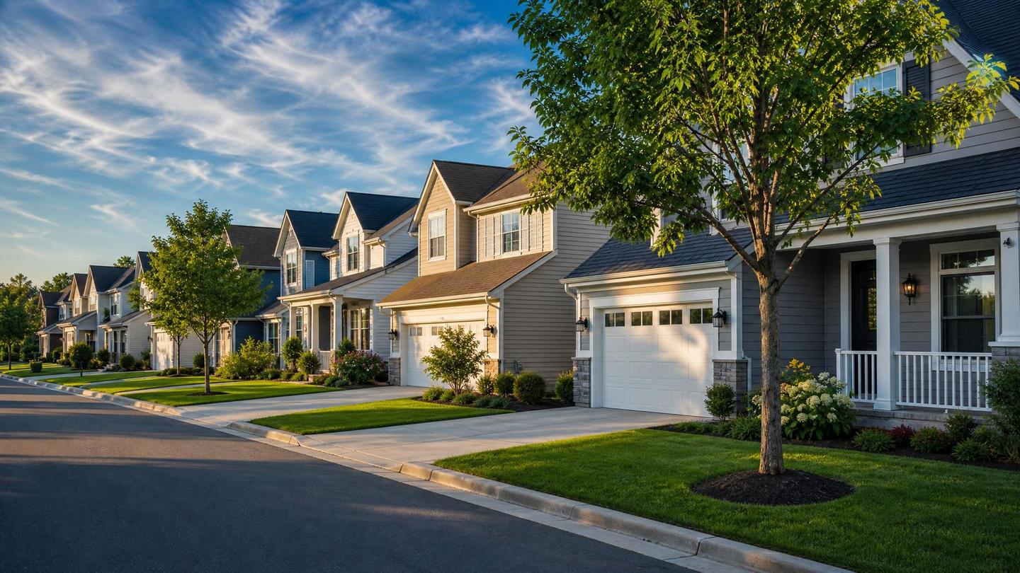 A suburban North Texas neighborhood street lined with family homes.