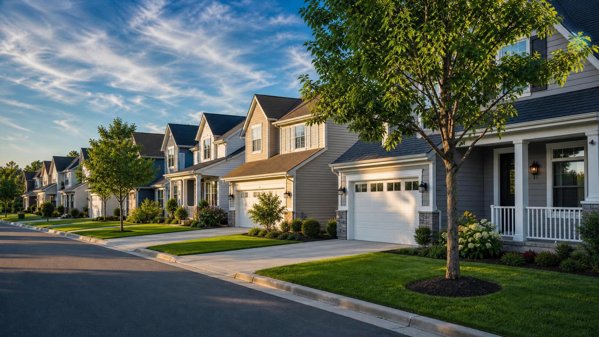 A sunny suburban street lined with two-story homes, green lawns, and young trees along the sidewalk in North Texas.